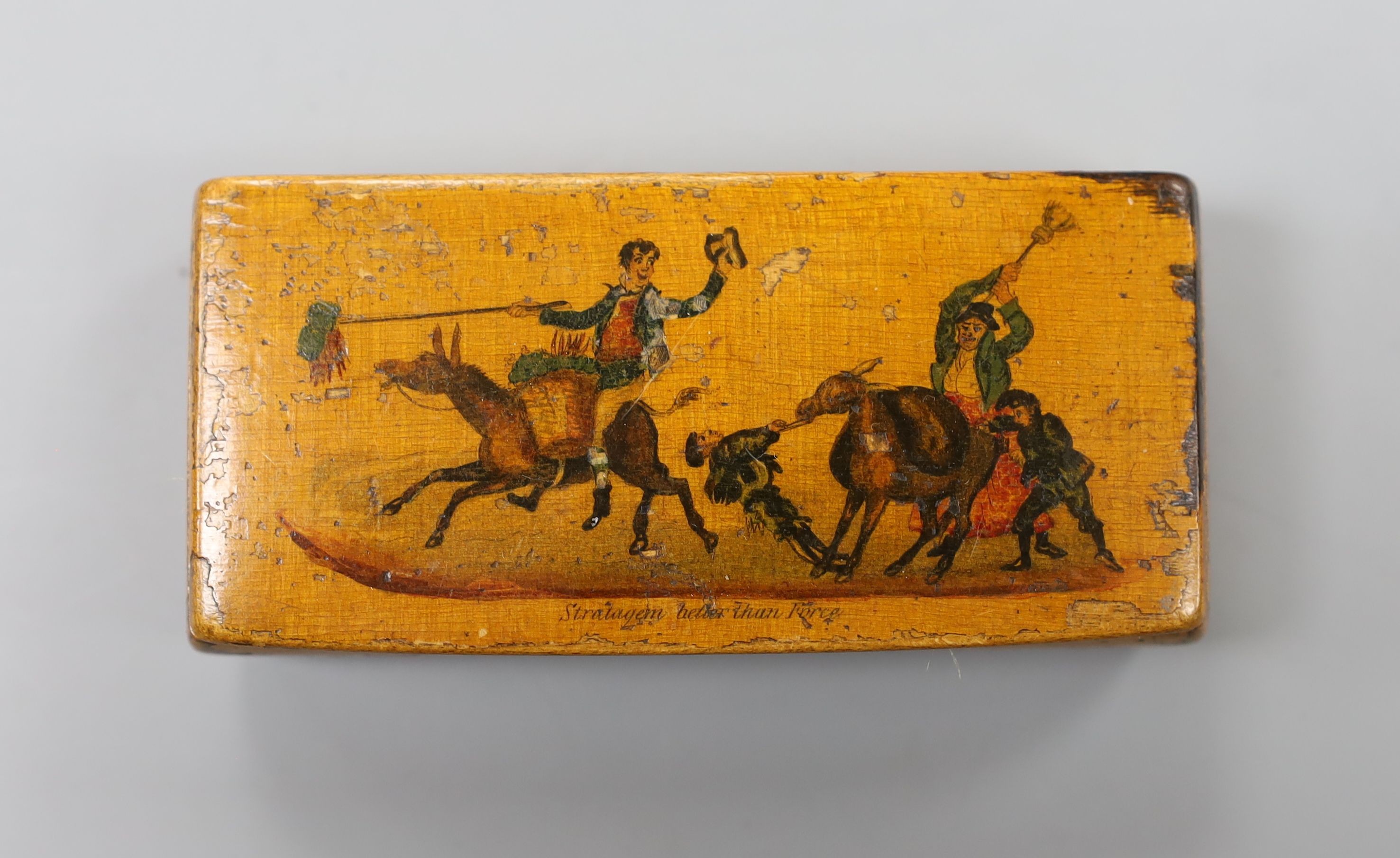 A painted wood snuff box decorated with donkeys ‘stratagem better than force’, 9.5cm